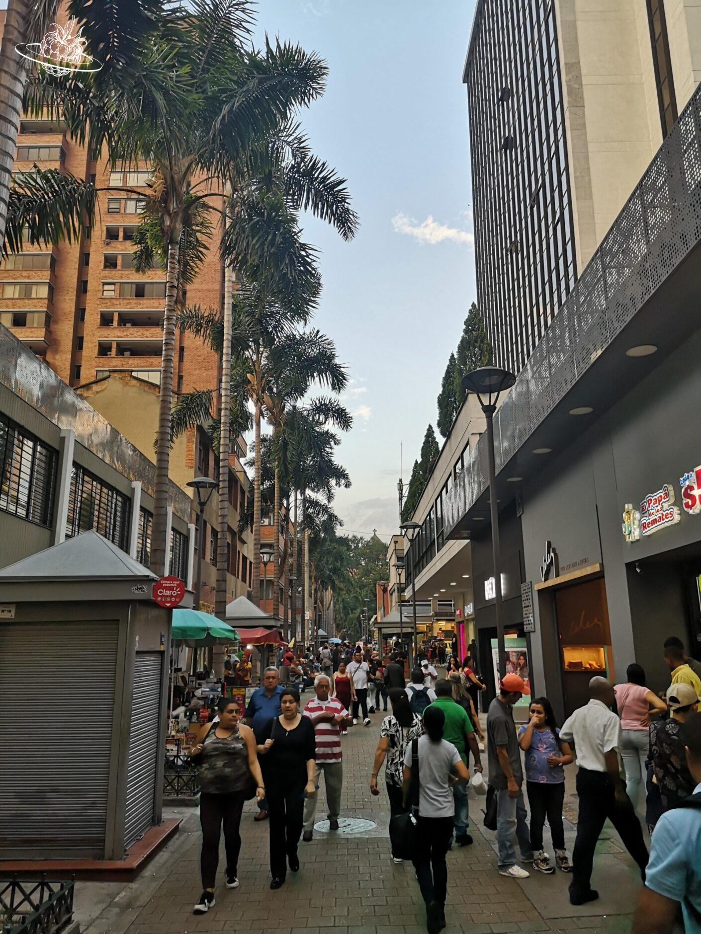 Einkaufspassage mit vielen Leuten und Palmen