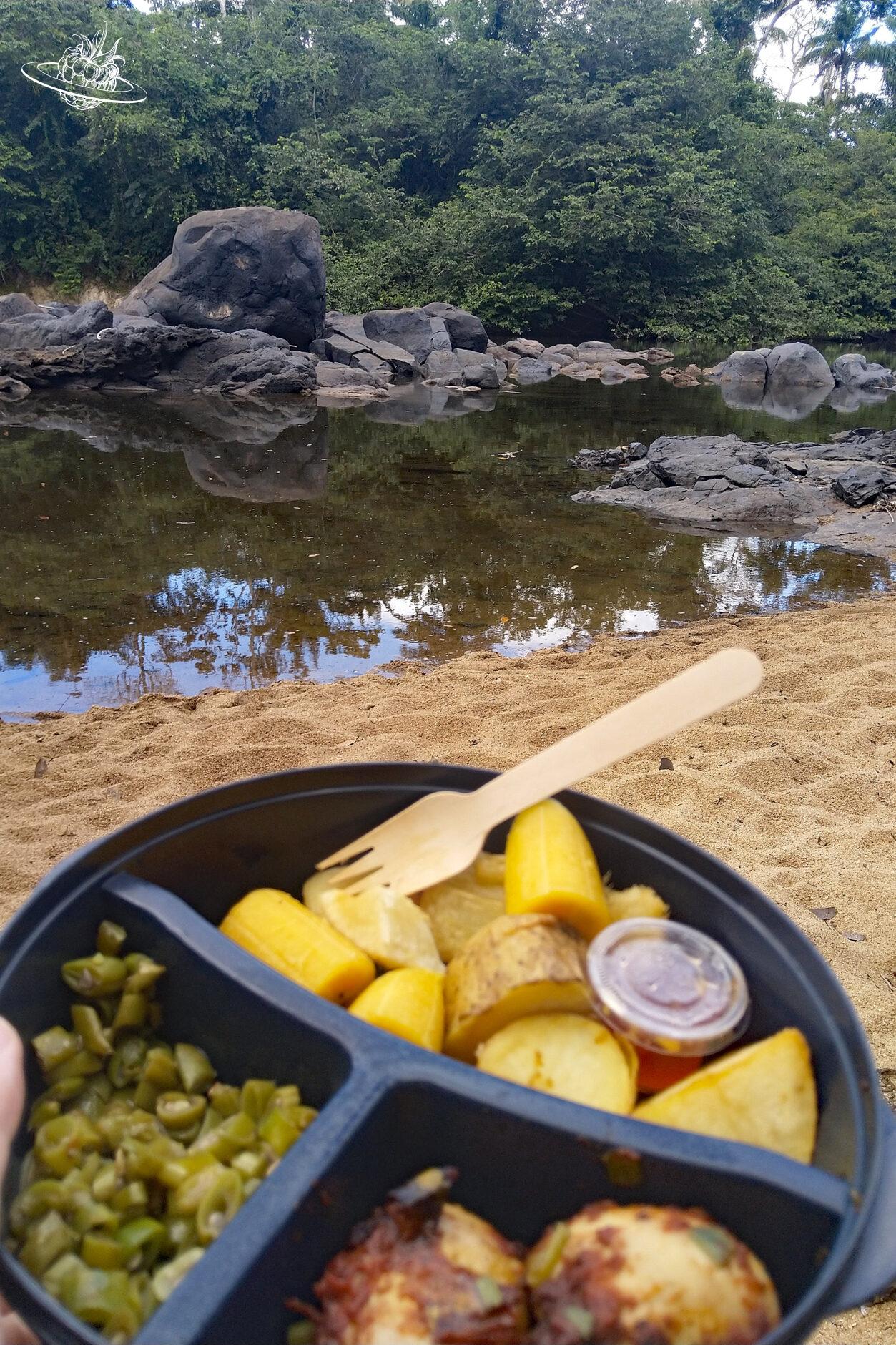 Teller mit einer vegetarischen Mahlzeit, dahinter der Blick auf den Strand am Fluss