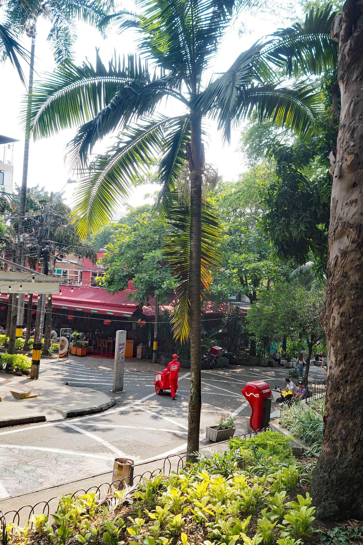 Strassenkreuzung mit Palmen und Restaurant