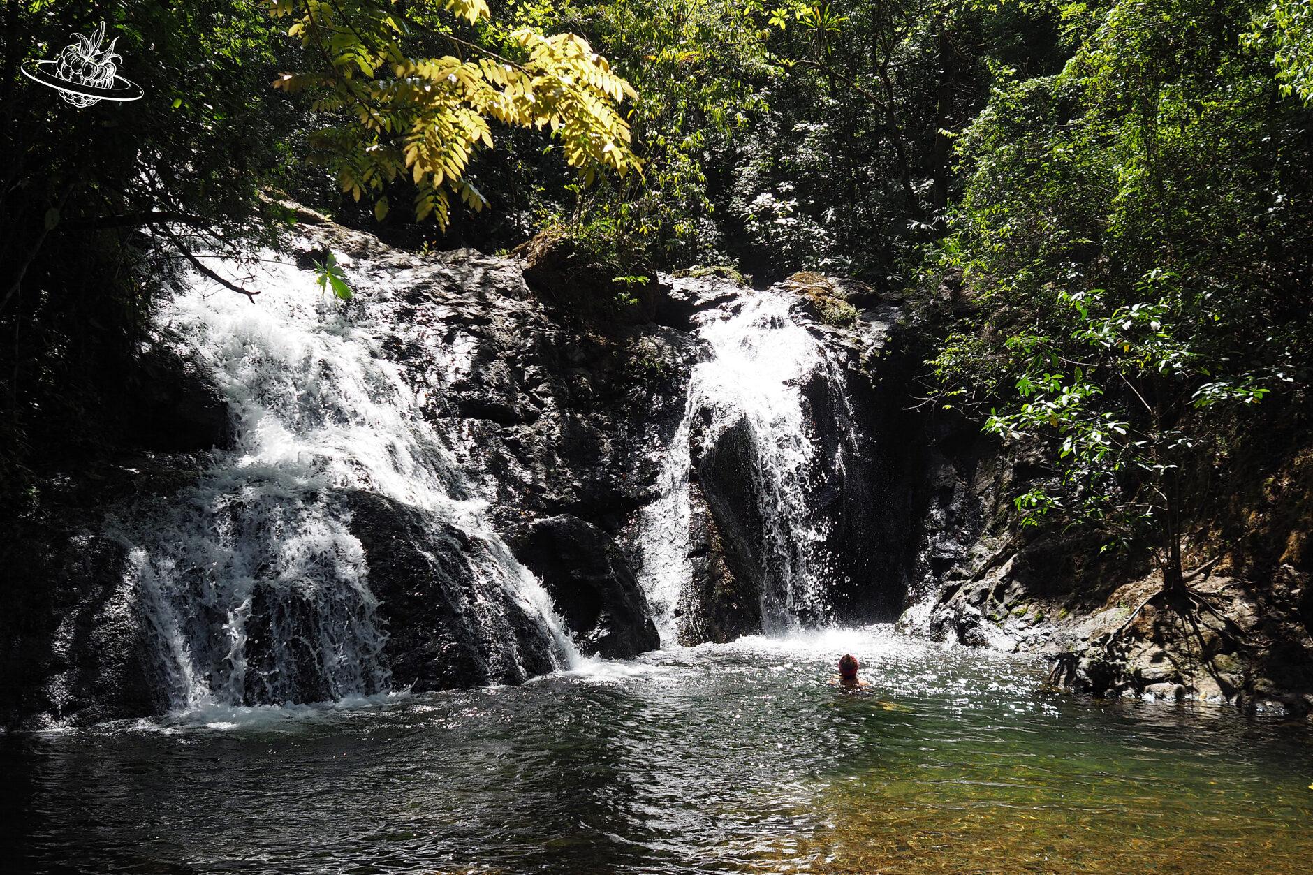 Frau schwimmt bei Wasserfall