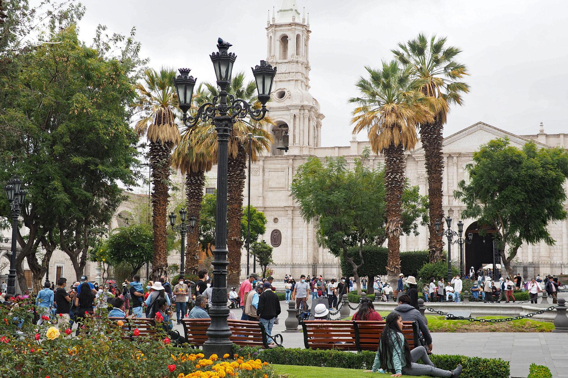 Belebter Platz mit Palmen und einer weissen Kirche im Hintergrund