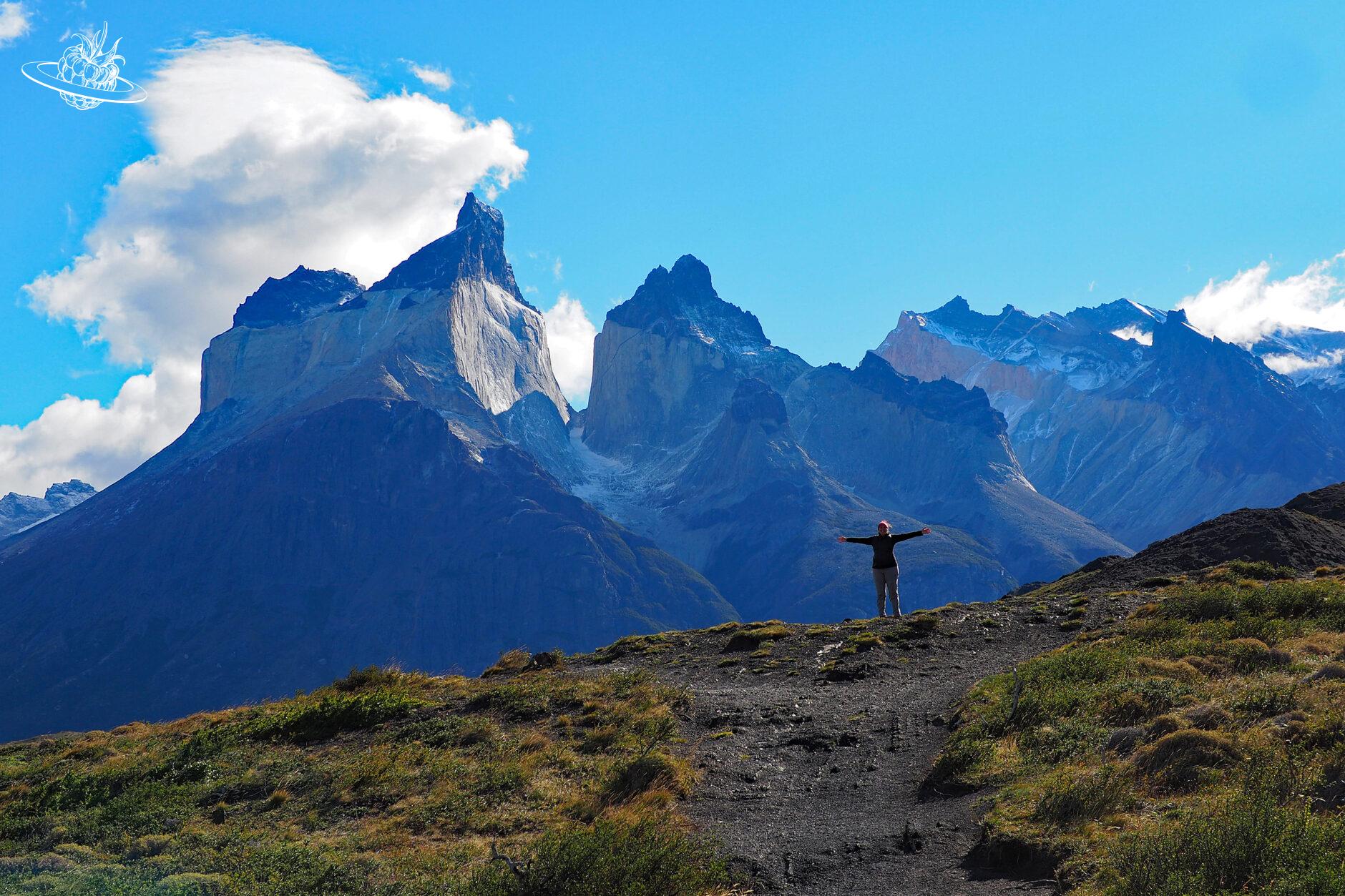 frau vor bekannter bergkette im park torres del paine