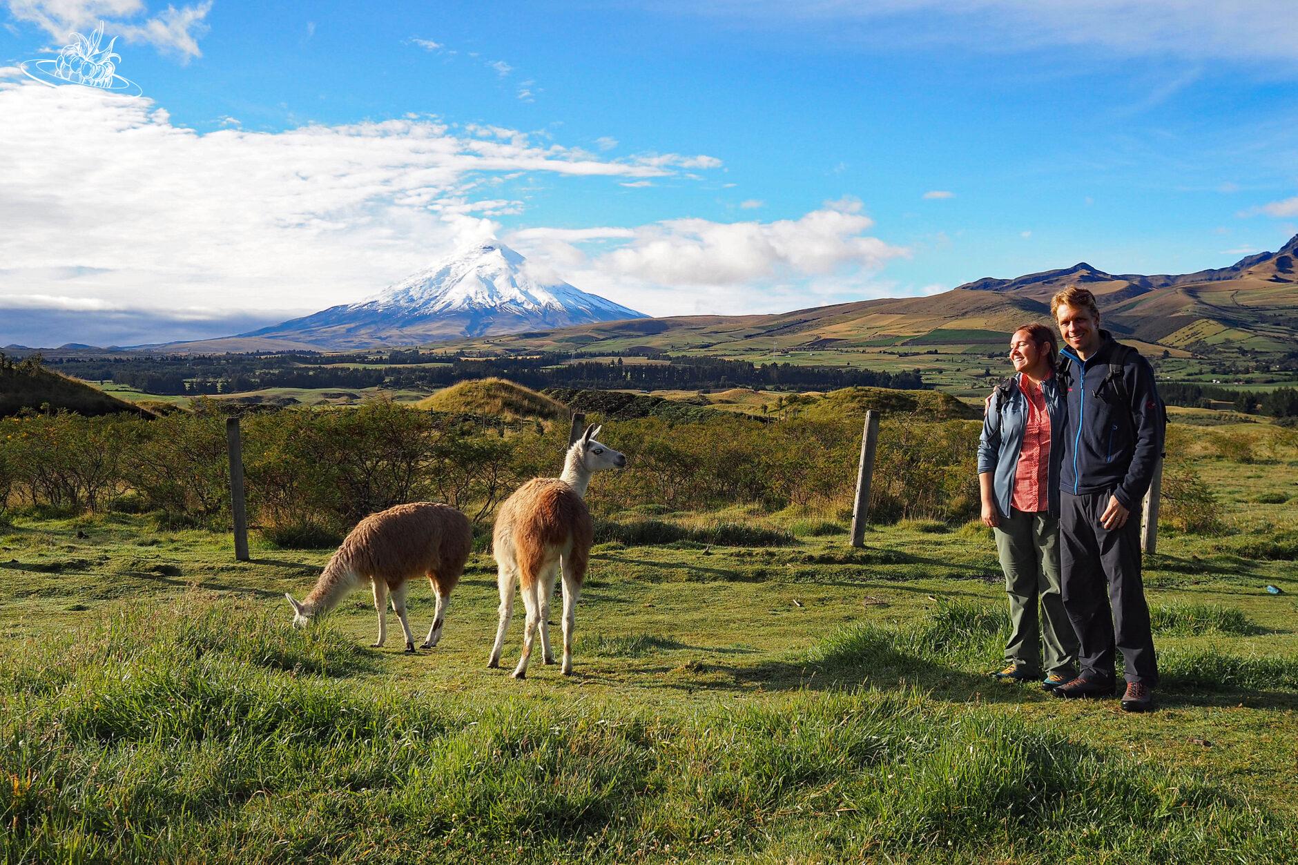 Paar und Lamas stehen vor Vulkan