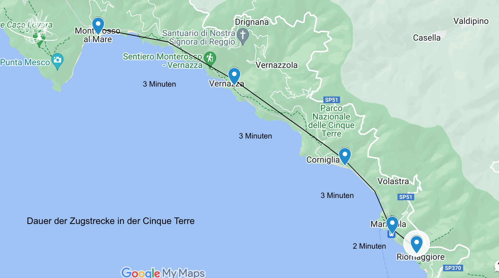 Karte mit Beschreibung der Lage und Dauer