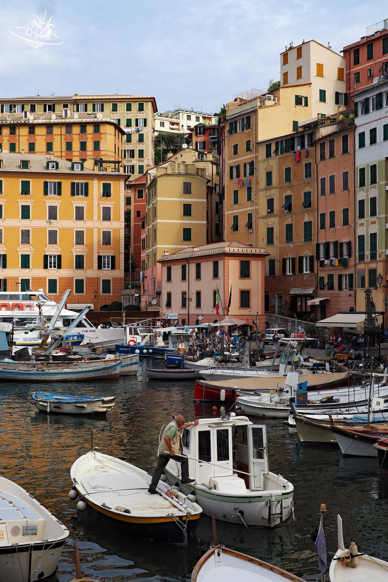 Enger Hafen mit farbigen Häusern im Hintergrund